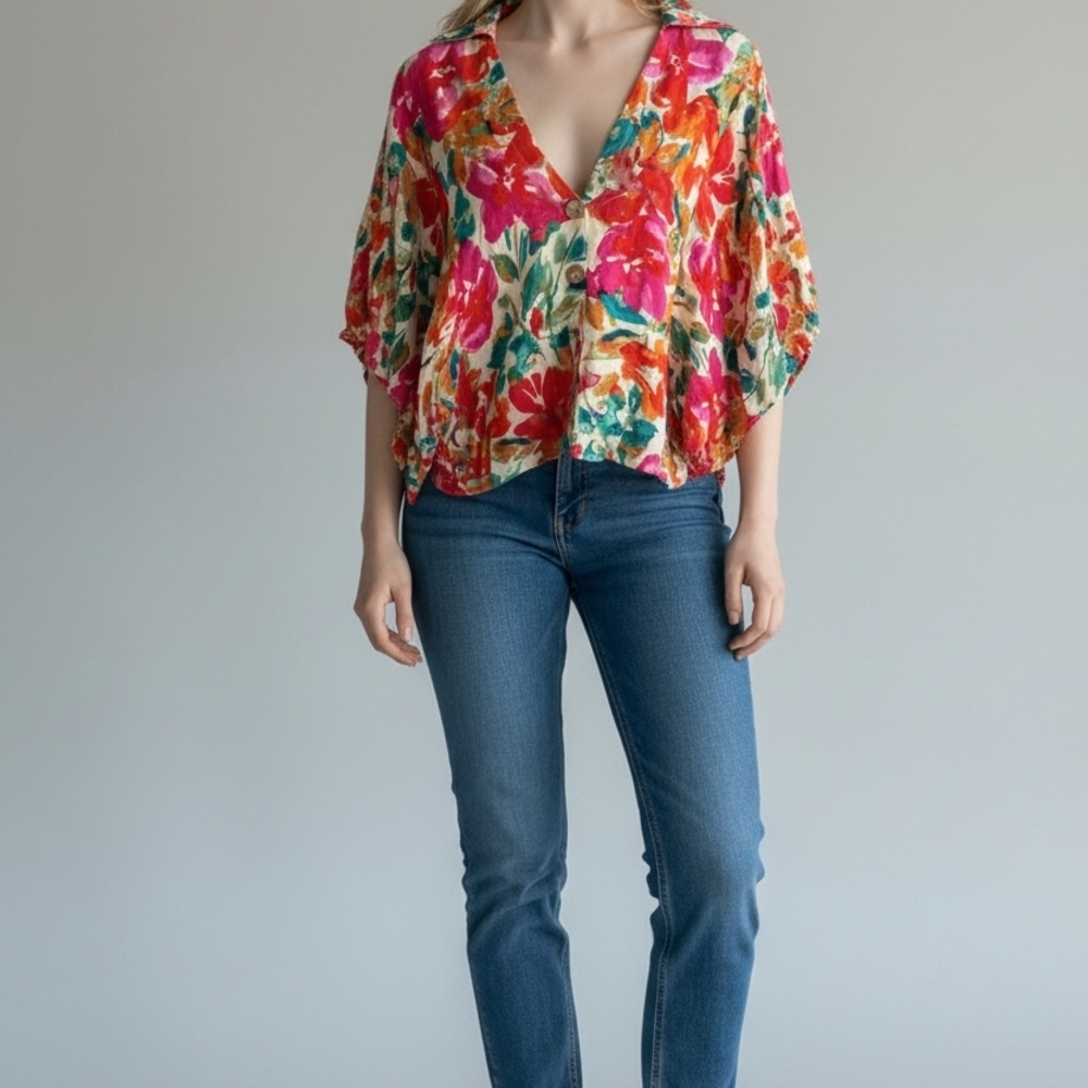 Tallulah Abstract Floral Batwing Kimono Sleeve Crop Button Front Boho Top Sz L